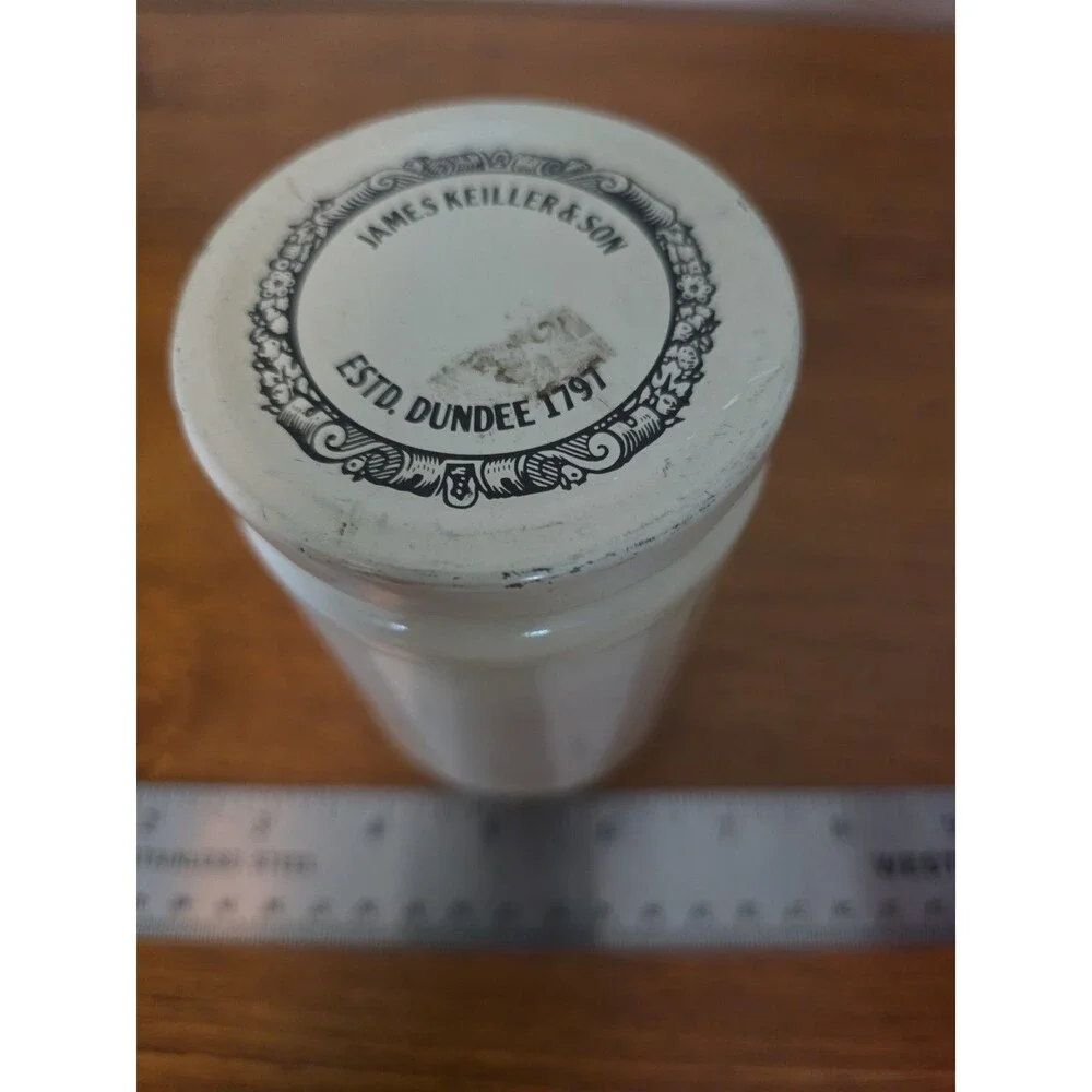 Vintage James Keiller Son Dundee Orange Marmalade Jar 16 oz Milk Glass White Lid